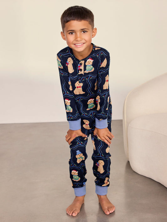 Chelsea Peers Blue Kids Christmas Chip the Cockapoo Portraits Print Long Pyjamas Set - image 2