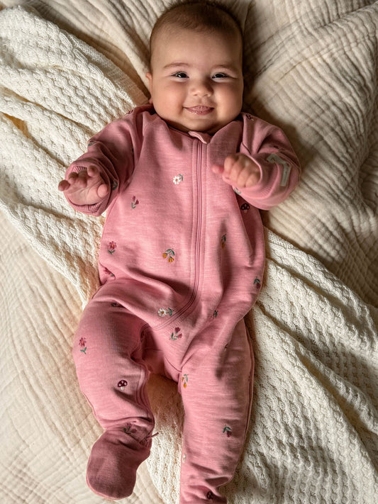 Purebaby Pink Embroidered Floral Fleece Two Way Zip Sleepsuit - image 1