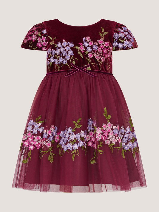 Dsiney Kidz - Monsoon Red Baby Ruby Floral Embroidered Velvet Party Dress image 2