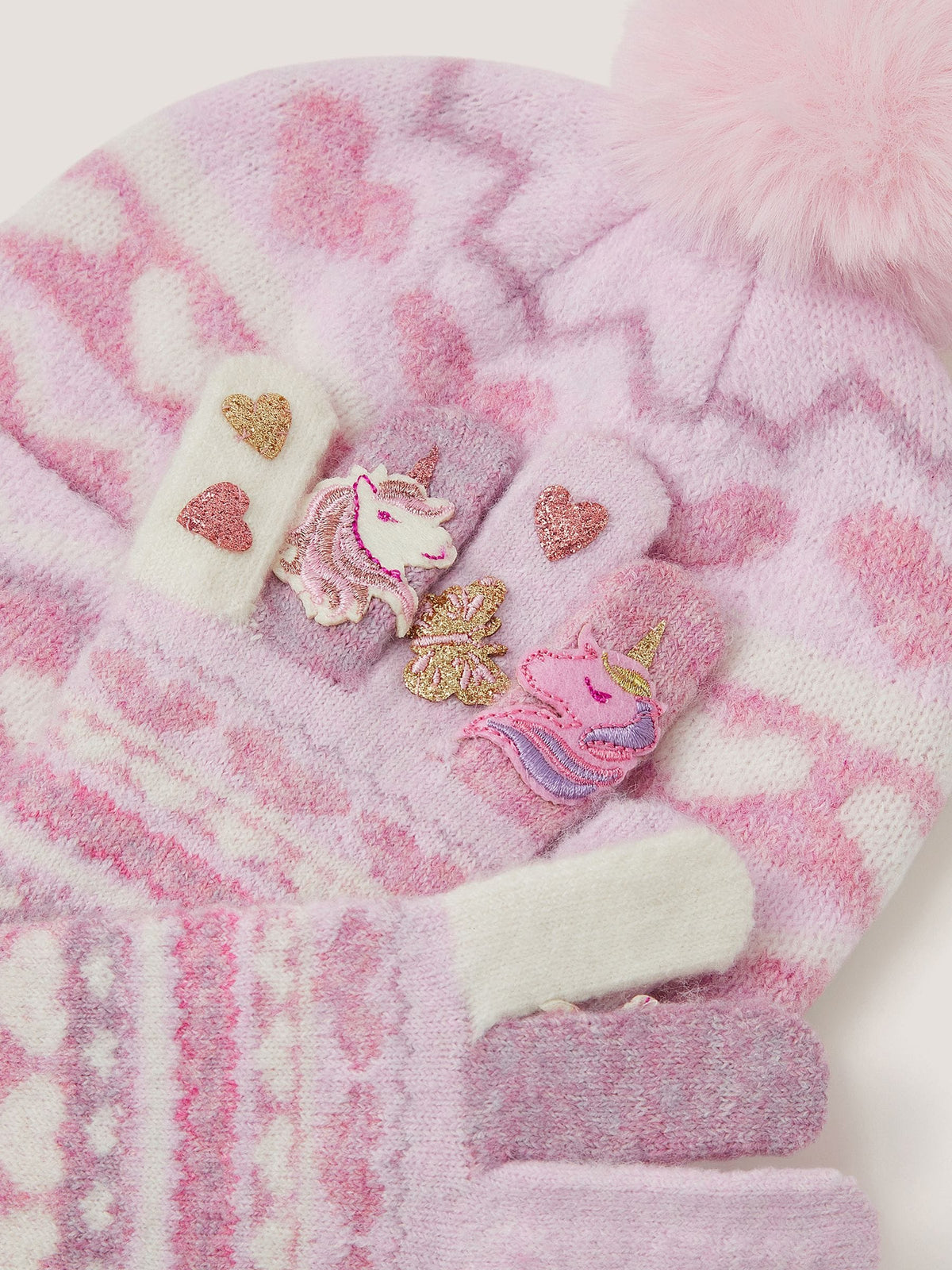 Monsoon Pink Unicorn Bobble Hat & Gloves Set - image 3