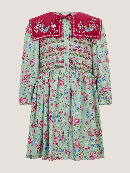 Disney Kidz - Monsoon Green Floral Print Velvet Collar Dress image 1