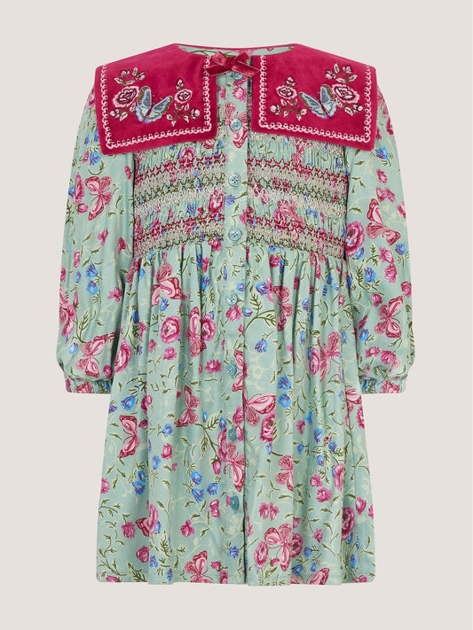 Dsiney Kidz - Monsoon Green Baby Floral Print Velvet Collar Dress image 2