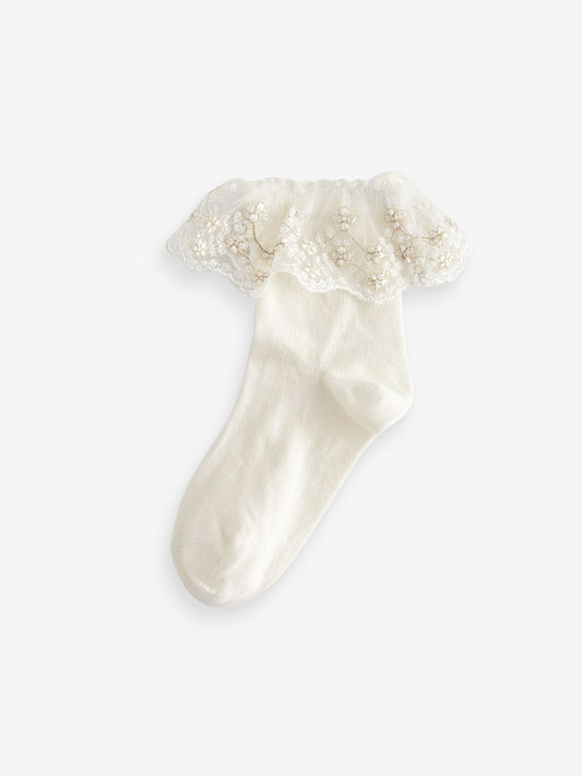 Cream 2 Pack Cotton Rich Flower Girl Ruffle Ankle Socks image 2
