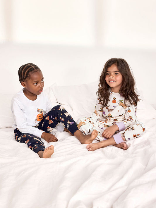 Chelsea Peers Cream/Black Kids Two Pack Cotton Halloween Dogs Print Long Pyjama Set - image 2