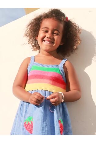 Dsiney Kidz - JoJo Maman Bébé Blue Rainbow Strawberry Appliqué Pocket Knit Cheesecloth Combo Dress image 2