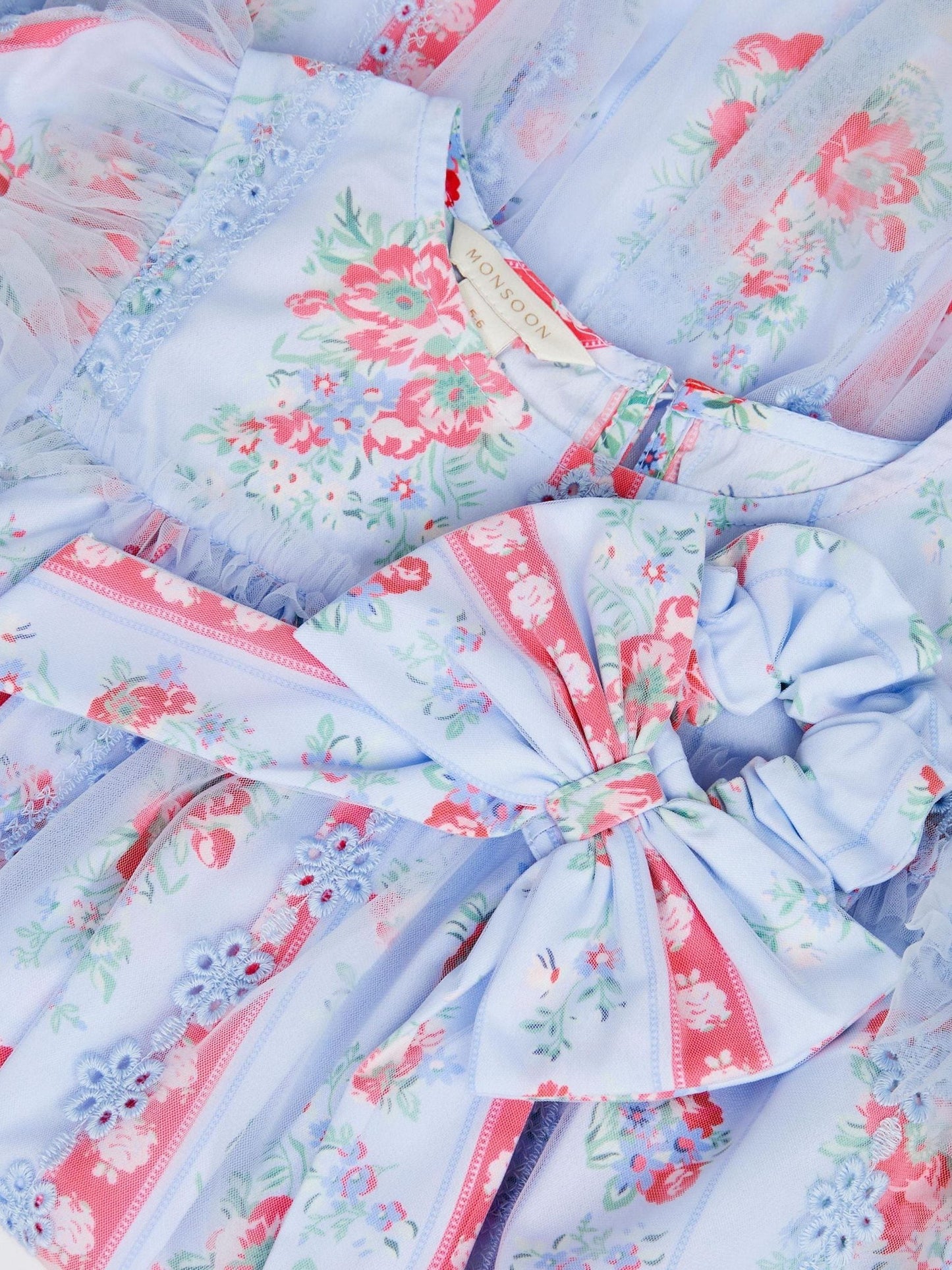 Dsiney Kidz - Monsoon Blue Floral Broderie Long Sleeve Dress & Hair Scrunchie image 3