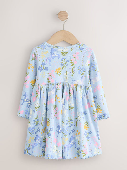 Dsiney Kidz - Blue Floral Unicorn Long Sleeve Ribbed Dress (3mths-7yrs) image 2