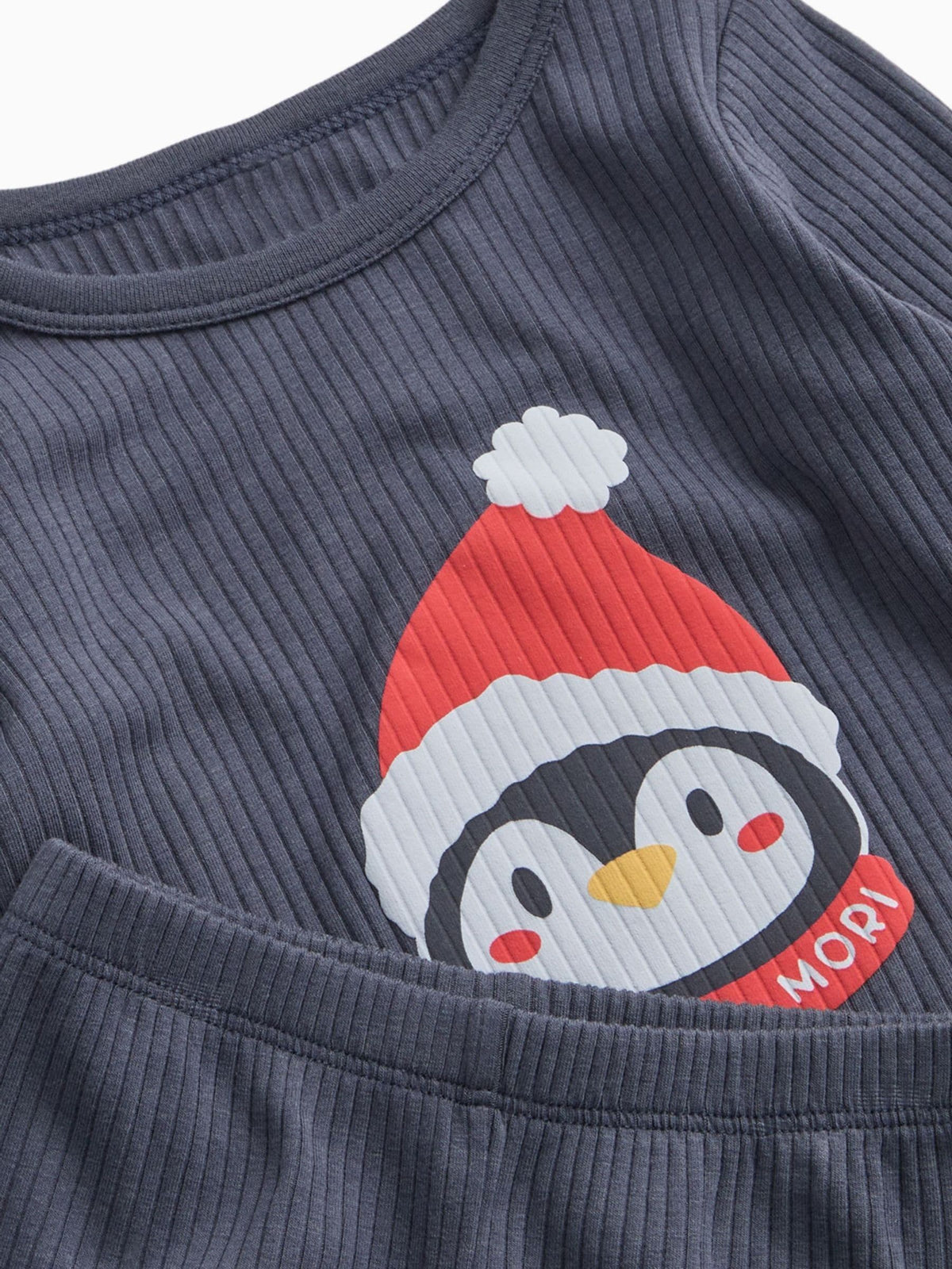 MORI Blue Supersoft Ribbed Christmas Penguin Placement Print Pyjamas Set - image 4