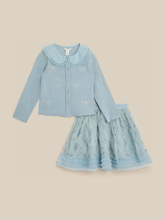 Monsoon Blue Pearl Bow Top & Appliqué Mesh Skirt Set - image 1