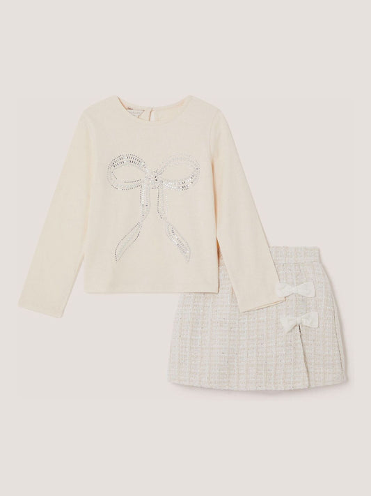 Monsoon Cream Embellished Bow Top & Tweed Skort Set - image 1