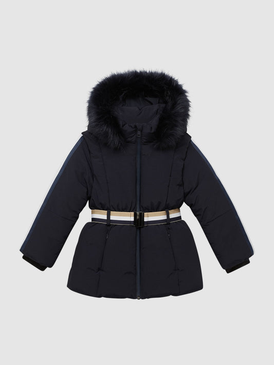 Reiss Navy Cara 9-12 yrs Quilted Fur Hooded Coat - image 2