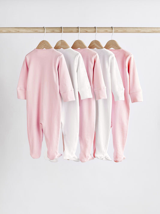 Pink/White 5 Pack Baby Sleepsuits (0-2yrs) image 2