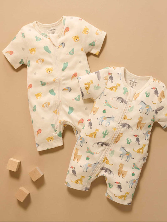 Purebaby Green Short Sleeve Zip Rompers 2 Pack image 2