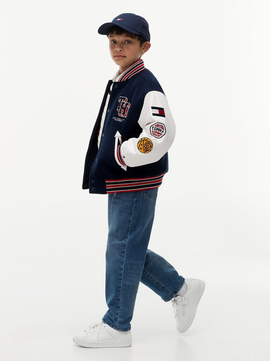 Dsiney Kidz - Tommy Hilfiger Blue Bouclé Logo Embroidery Relaxed Bomber Jacket image 2