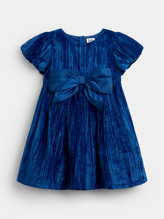 JoJo Maman Bébé Navy Blue Crushed Velvet Puff Sleeve Party Dress - image 1