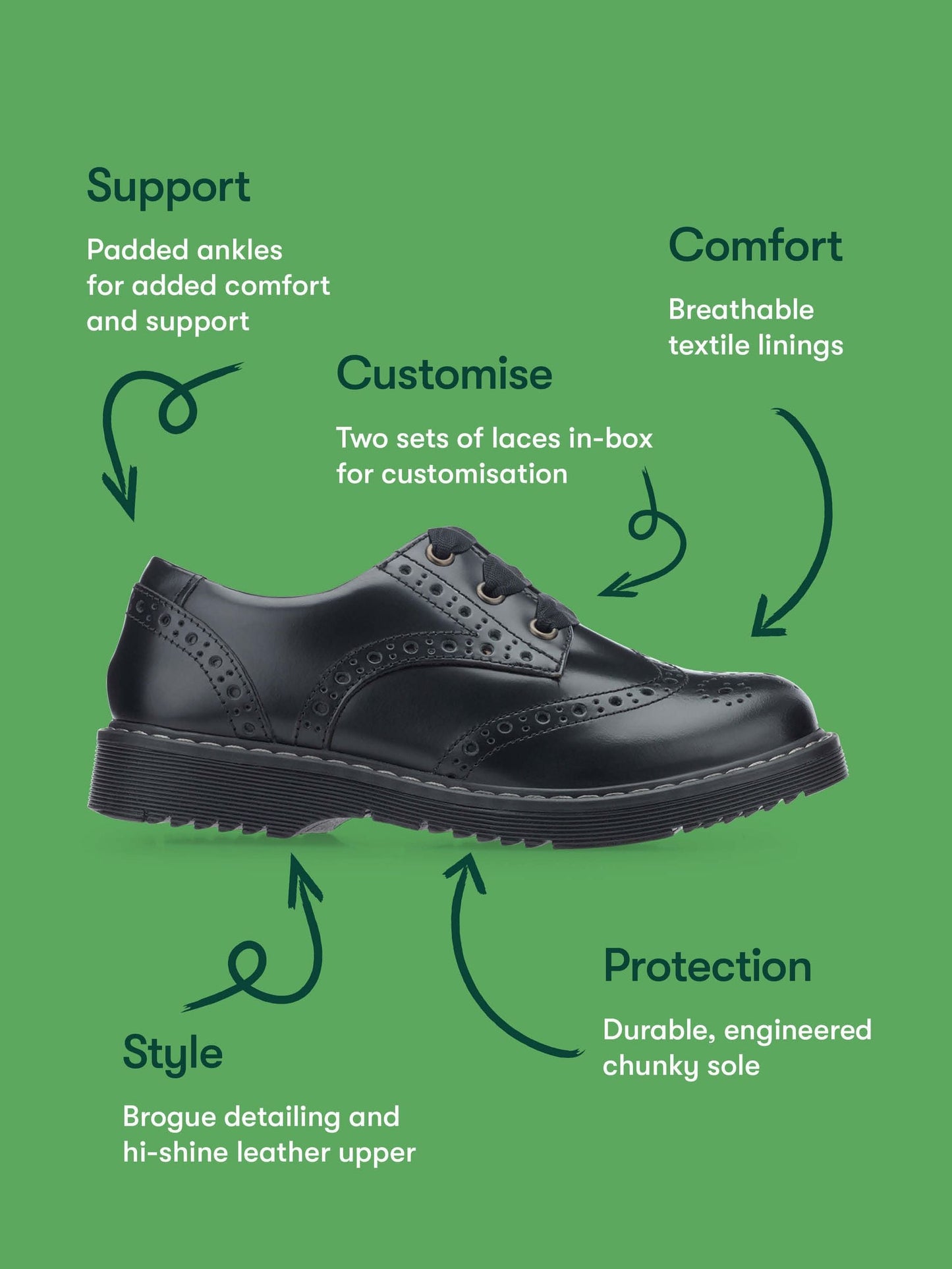 Start Rite Black Wide Fit Leather Impulsive Chunky Brogue Lace Up Stitch Down School Shoes image 10