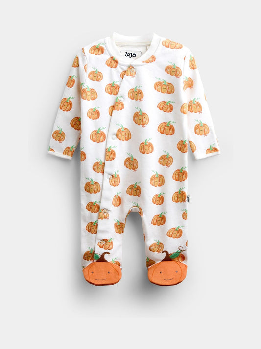 Dsiney Kidz - JoJo Maman Bébé Cream Pumpkin Print Zip Sleepsuit & Hat image 2