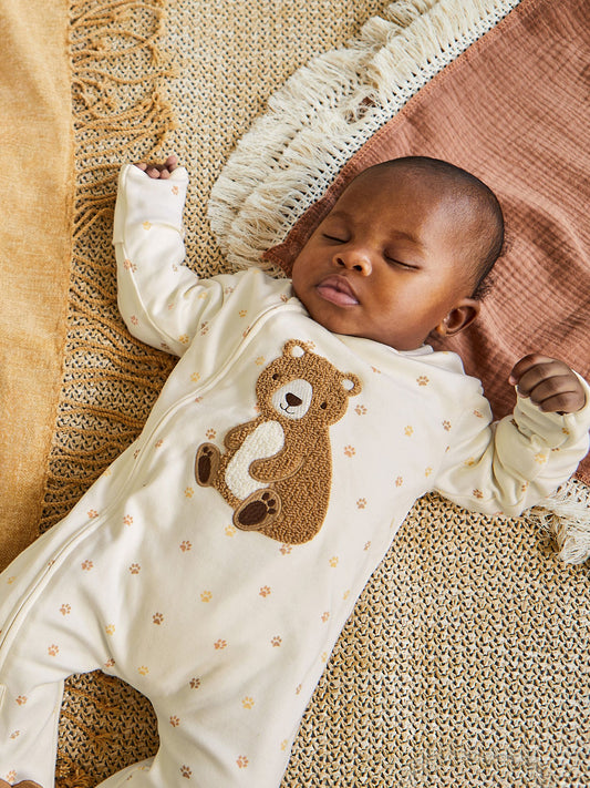 JoJo Maman Bébé Cream Bear Appliqué Zip Cotton Baby Sleepsuit image 2