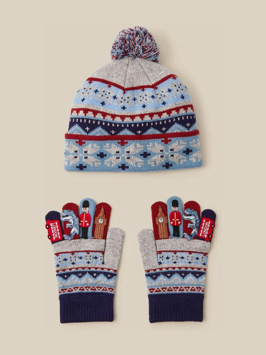 Monsoon Grey London Fair Isle Bobble Hat & Gloves Set - image 1