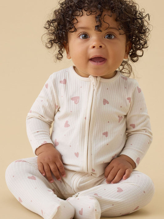 MORI Cream Hearts Print Supersoft Ribbed Two Way Zip-Up Sleepsuit - image 1