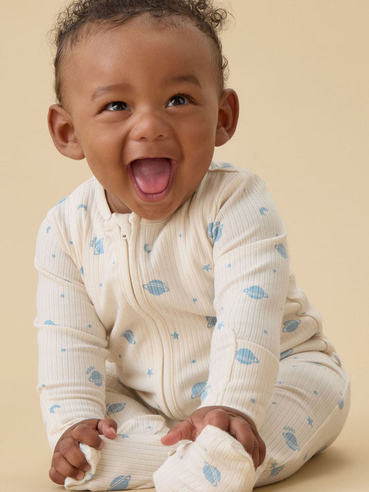 MORI Cream Space Print Supersoft Ribbed Two Way Zip-Up Sleepsuit - image 1