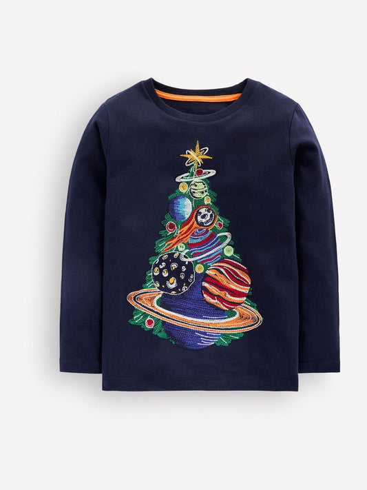 Boden Dark Blue Christmas Print Glow Superstitch T-Shirt - image 1