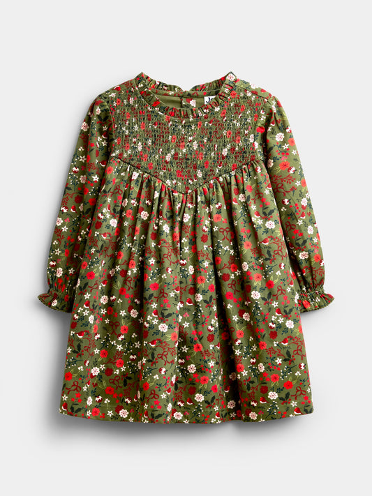 JoJo Maman Bébé Olive Green Christmas Print Smocked Dress - image 1