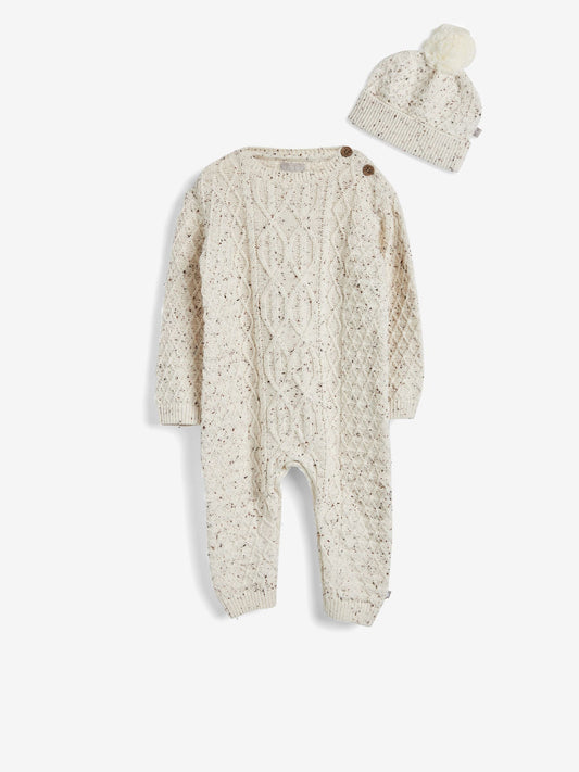 Oatmeal Cable Knit 100% Cotton Romper And Hat Baby Gift Set image 2