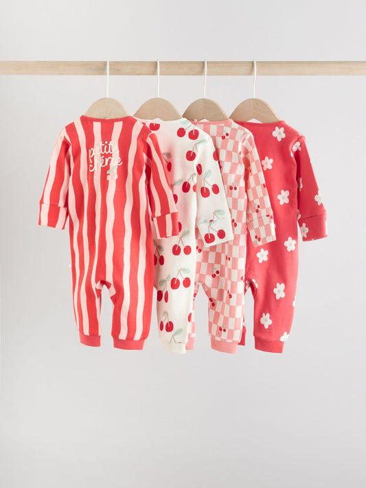 Red Cherry Print Two Way Zip Baby Sleepsuits 4 Pack (0mths-3yrs)