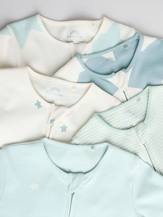 Sage Green 100% Cotton Two Way Zip Baby Sleepsuits 5 Pack (0mths-2yrs) image 3