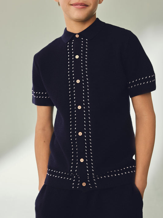 Navy Blue Textured Knitted Button Through Polo Shirt and Shorts Set (3-16yrs) image 3