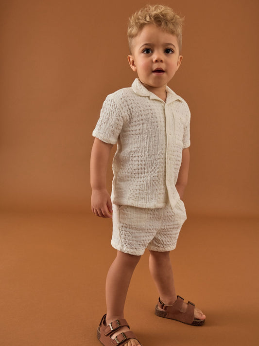 Ecru Texture Plain Revere Collar Short Sleeve Shirt And Shorts Set (3mths-7yrs) image 3