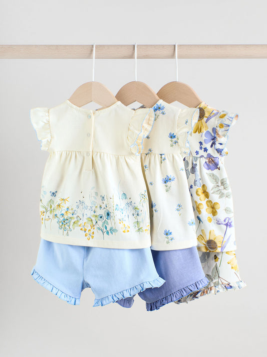 Dsiney Kidz - Blue/White Floral Baby Frill T-Shirt and Shorts Set 6 Piece (0mths-2yrs) image 2