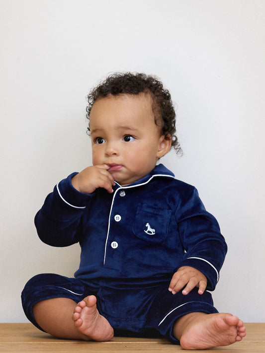 The Little Tailor Blue Luxury Soft Touch Velour Onsie Rompersuit image 2