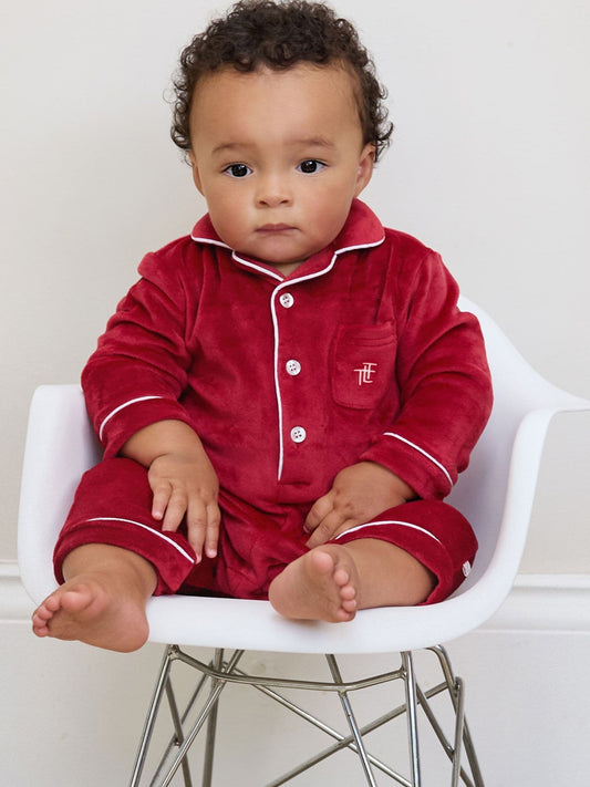 The Little Tailor Red Luxury Soft Touch Velour Onsie Rompersuit image 2