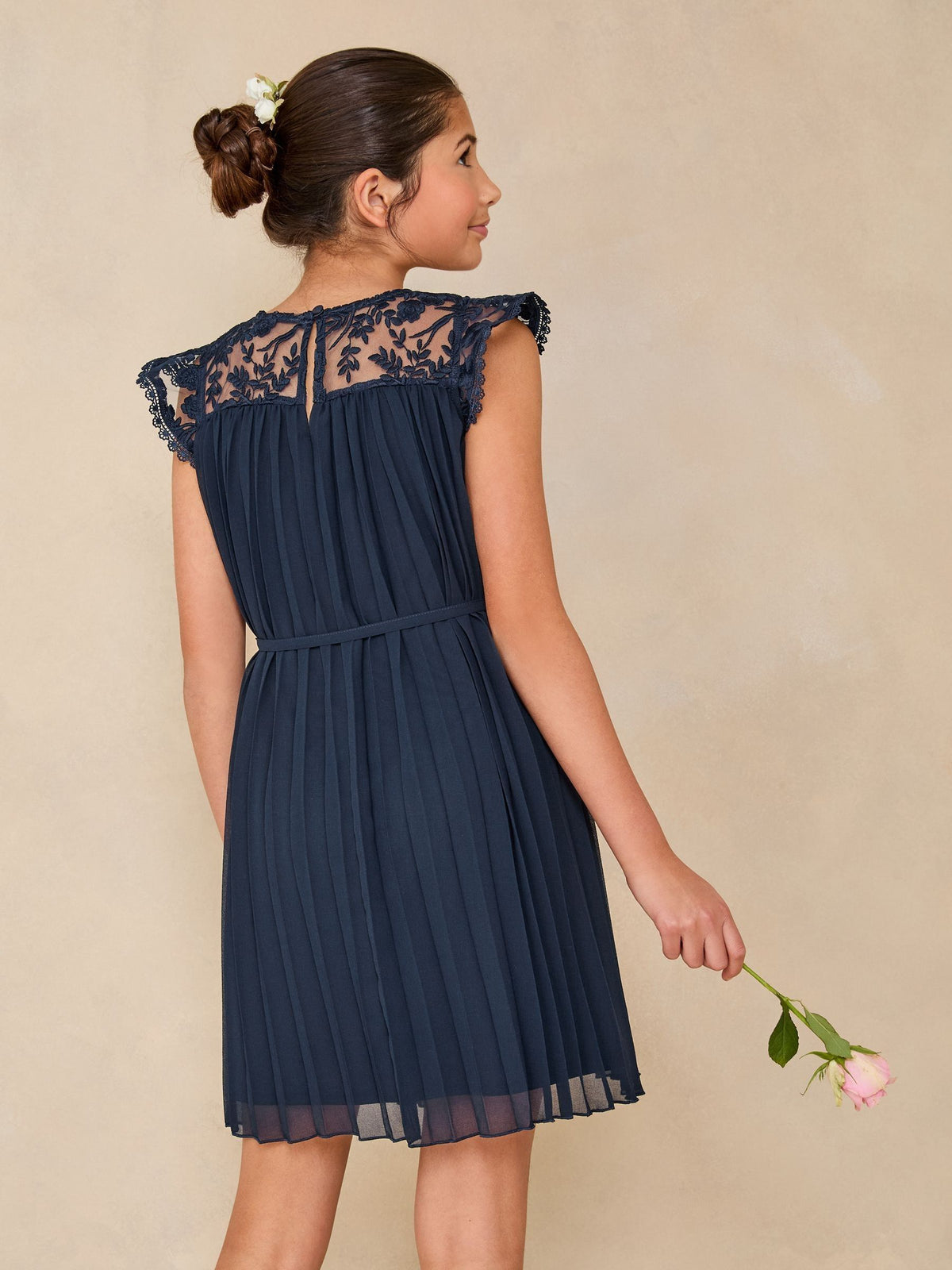 Lipsy Navy Blue Lace Bow Yolk Pleated Occasion Dress (5-16yrs) - image 4
