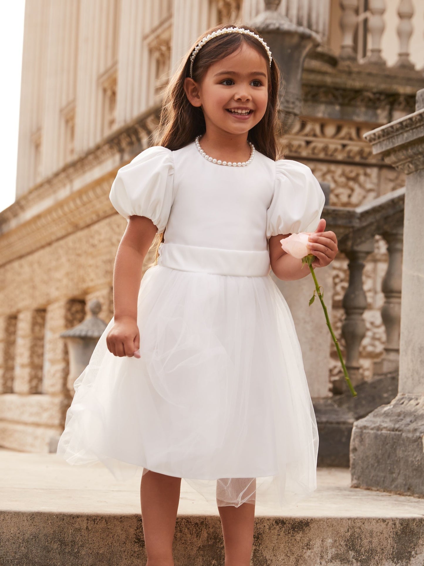 Lipsy Ivory Flower Girl Puff Sleeve Occasion Dress (2-11yrs) image 4