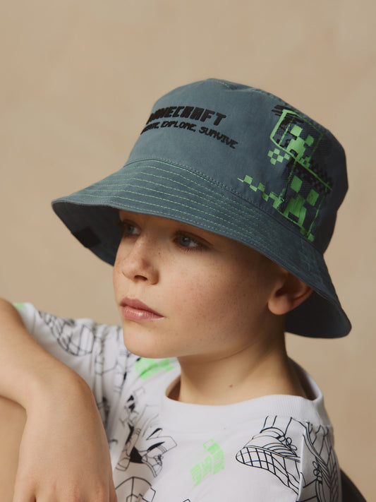 Grey/Green Minecraft Bucket 100% Cotton Hat (3-16yrs) image 3