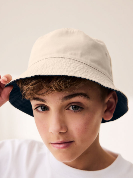 Navy Blue/Stone 100% Cotton Reversible Bucket Hat (3mths-16yrs) image 3