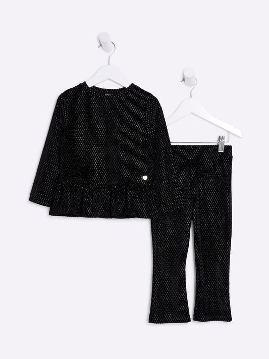 River Island Black Velvet Girls Peplum 100% Cotton Top and Trousers Set image 2