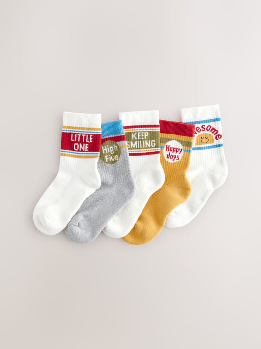 Ecru/Mustard/Red Retro Slogan Character Cotton Rich Socks 5 Pack image 3