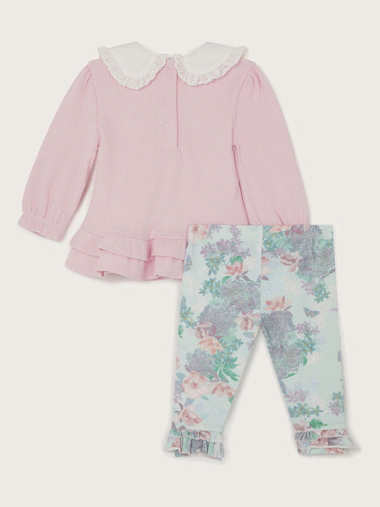 Monsoon Pink Newborn Rib Collar Top and Floral Leggings Set image 2