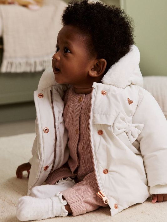 White Bow Puffer Baby Jacket (0mths-2yrs)