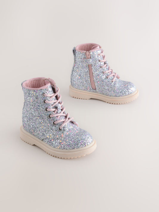 Silver Glitter Standard Fit (F) Lace-Up Ankle Boots image 2