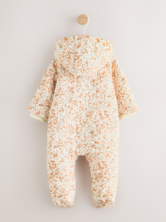 Ecru Floral Printed Baby Hooded Crinkle Woven Pramsuit (0mths-2yrs) image 2