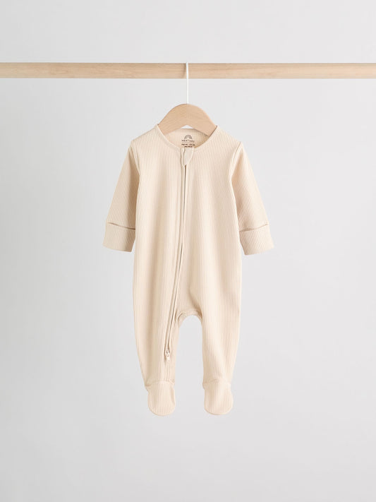 Beige Baby Two Way Zip Sleepsuits 3 Pack (0-2yrs) image 2
