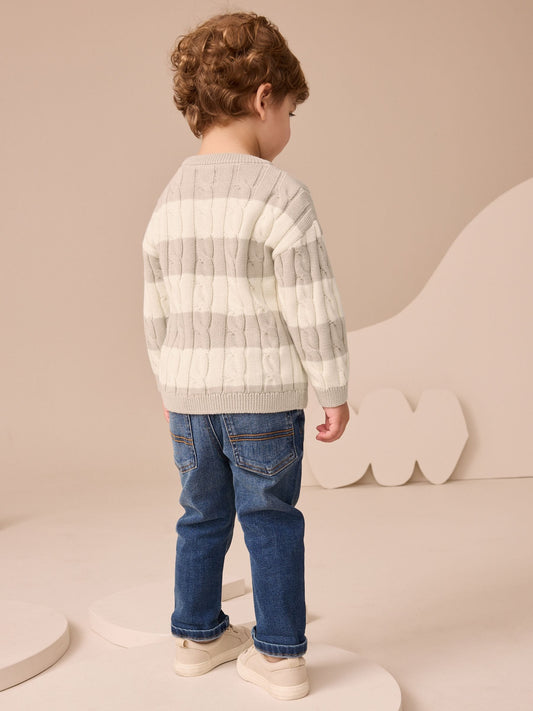 Neutral Stripe Cable Knit Crew Neck Jumper (3mths-7yrs)