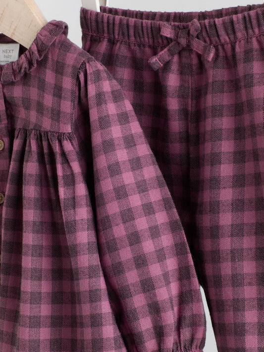 Purple Gingham Baby Woven Long Sleeve Tops and Trousers 2 Piece Set (0mths-2yrs) image 3