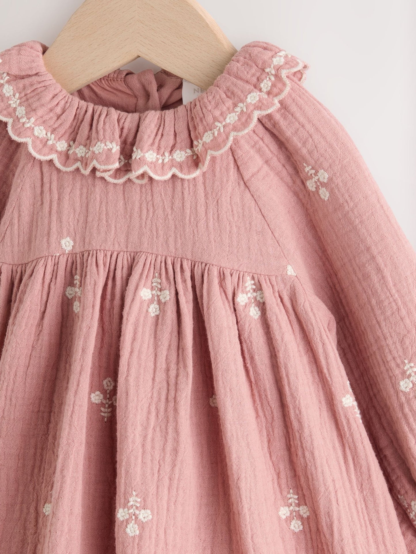 Pink Baby Embroidered Woven Long Sleeve Dress (0-18mths)