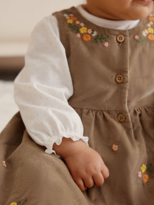 Olive Green Embroidered Baby Cord Pinafore Long Sleeve Bodysuit & Tights Set (0mths-2yrs)